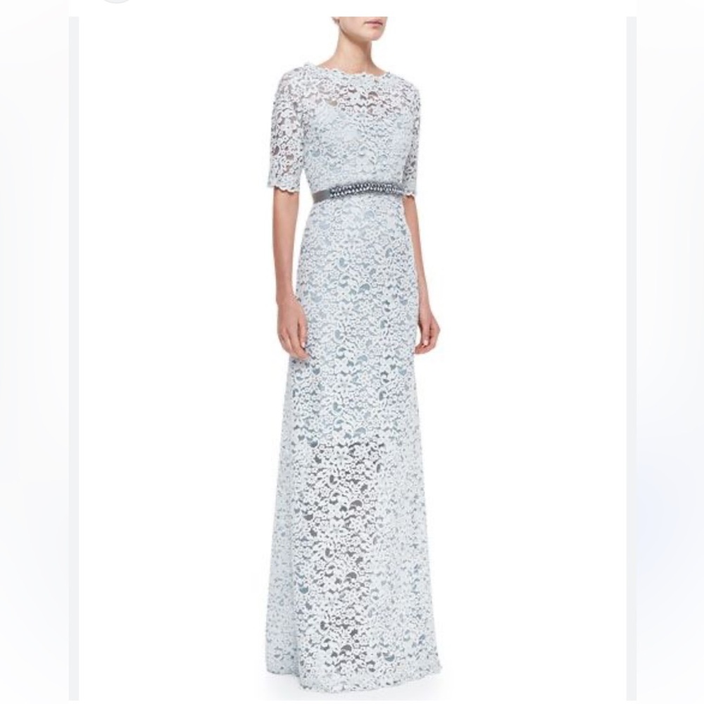 Rickie Freeman for Teri John Half Sleeve Lace Overlay Gown in light blue size 12